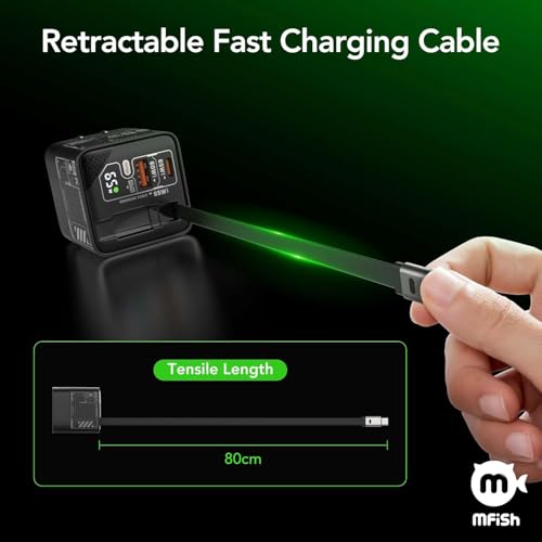 Image of MFish 65W GaN Fast Wall Charger, USB C Charger Block Built‑in 2.6ft Retractable USB‑C Cable, USB‑C & USB‑A Wall Charger with Digital Display for iPhone, iPad, MacBook, Samsung Galaxy (Matte Black)