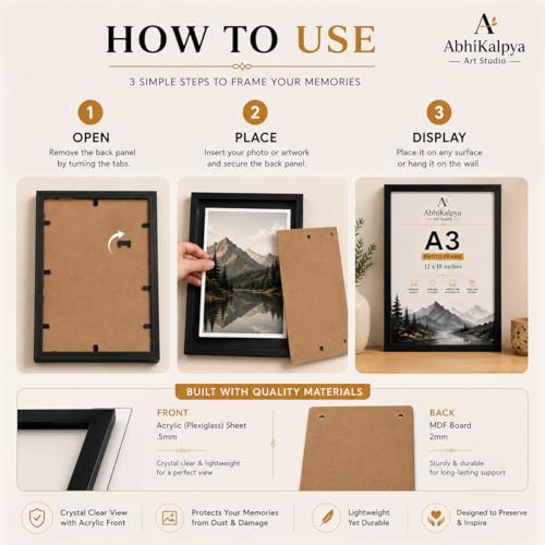 Image of AbhiKalpya Art Studio A3 Size Photo Frame 12 inchx18 inch Inch Frame For Wall Artwork /Painting (Black) (Set of one) Premium*