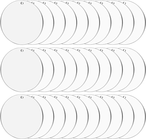 Cludoo 4 Inch Acrylic Ornaments Blanks 30pcs Clear Round Acrylic Ornament Blanks Acrylic Circle Disc Ornament Blanks with Hole for Vinyl Christmas Decor Engraving Painting and DIY Crafting