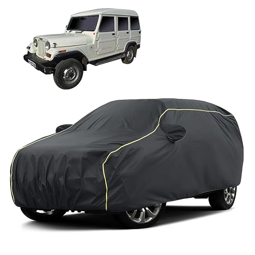 Image of Sulfar 100% Water Resistant Car Body Cover Compatible with Mirror for Mahindra Marshal (Triple Stitched, Full Bottom Elastic, Dark Grey Taffeta with Yellow Piping)