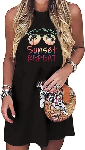 Image of Sun Salt Sand Coconut Tree Tank Mini Dress for Women Casual Loose Sleeveless Beach Praty Shirts Summer Vacation Short Dress