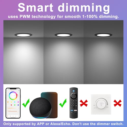 Image of SikSog Black Smart Recessed Lighting 6 Inch RGBCW Color Changing 16W LED Downlight with Junction Box,1350 Lumen Recessed Ceiling Light Compatible with Alexa,Dimmable by Bluetooth Control -6Pack