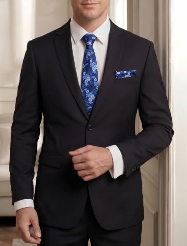 Image of HISDERN Extra Long Ties for Men Classic Floral Tie and Pocket Square Elegant Silk Necktie Handkerchief Set Wedding Party