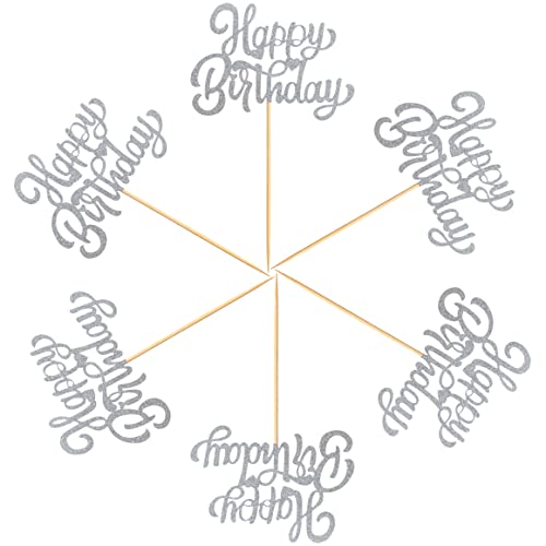 Uxyokm 24Pcs Happy Birthday Cupcake Toppers Silver Glitter Cupcake Picks Birthday Decorations Baby Shower Anniversary Party Supplies #TOP6