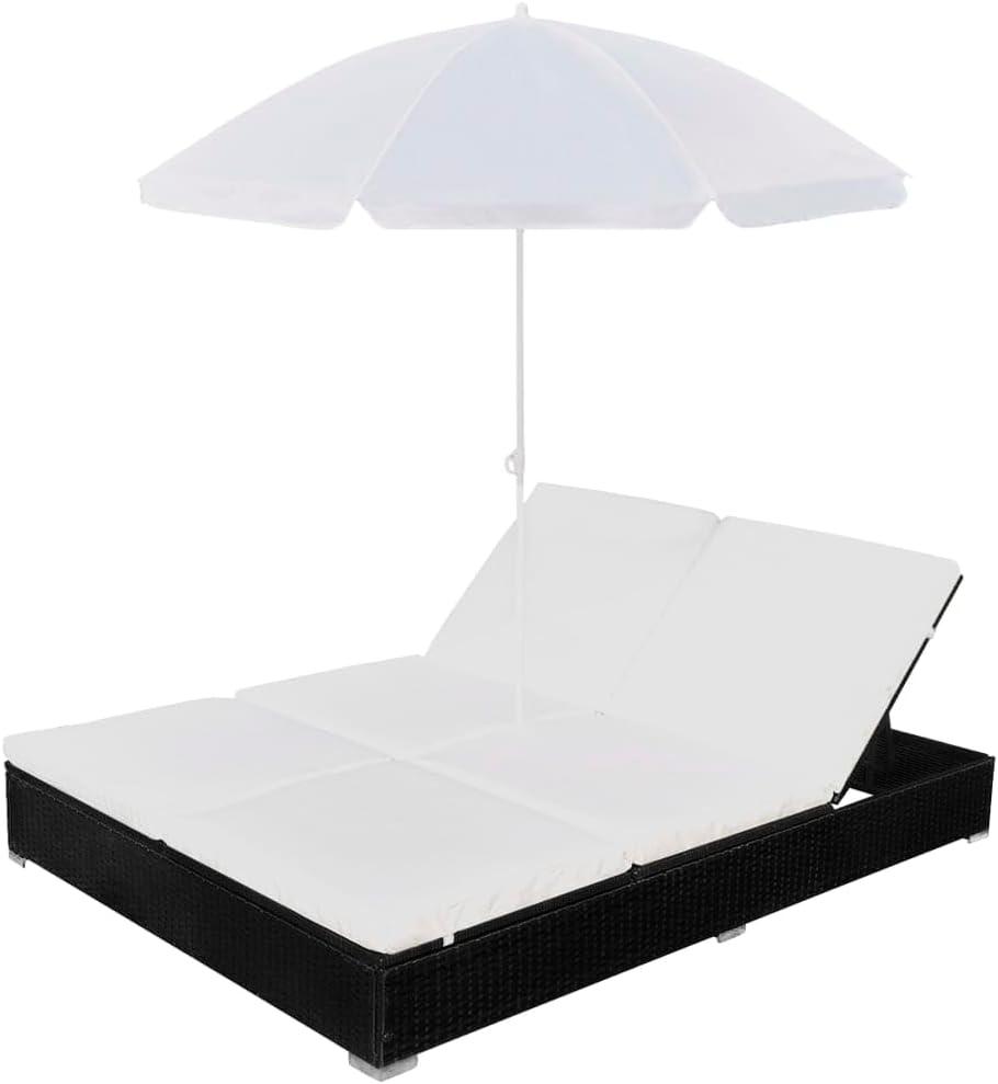 Patio Lounge Bed with Umbrella Poly Rattan Black Loveseats