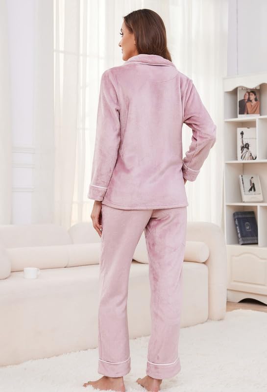 Women Fleece Pajama Set, Long Sleeve Button-Down Soft Comfy Two-Piece Sleepwear Lounge Set - Image 5