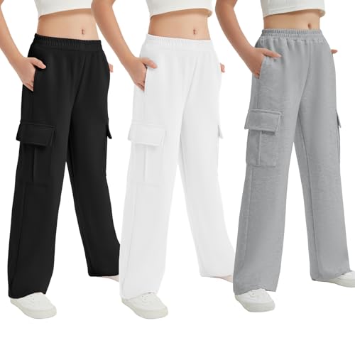 EXARUS Girls Sweatpants with Cargo Pockets Elastic Waistband Wide Leg Causal Kids High Waisted Pants 6-14Y