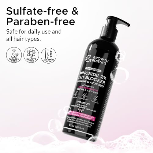 Minoxidil Shampoo for Women – Growth Essence Premium 2% Hair Regrowth Shampoo with Biotin, Caffeine & DHT Blockers – Strengthening Formula with Keratin, Castor Oil, Green Tea & Rosemary – 12.17 fl oz