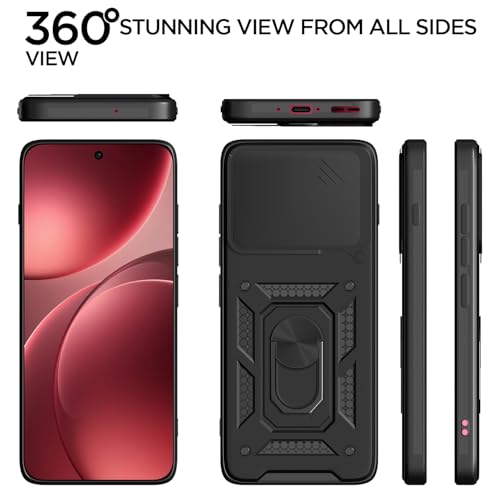 Image of Pikkme Back Cover for Oppo Find X9 5G | 360 Protection Case | Sliding Camera Shield Cover & Ring Holder Stand D10 Tough Armor Bumper Case (Black)