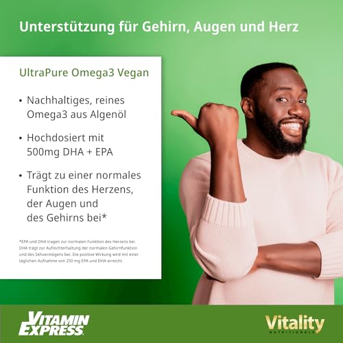 Veganes Omega 3 Hochdosiert aus Algenöl mit 375 mg DHA + 125 mg EPA Pro Kapsel (60 Stk) ohne Fischöl, ungesättigte Fettsäuren, Nahrungsergänzung ohne Zusätze Vitality Nutritionals by VitaminExpress