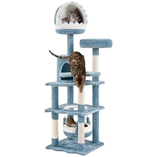 Yaheetech Meer Katzenbaum 155 cm Kratzbaum Katzenkratzbaum, Ozean Design mit Katzenhöhle in Haifischmaulform Katzenbett Hängekorb Plattform, Stabiler Kletterbaum für Katzen, Blau- Weiß