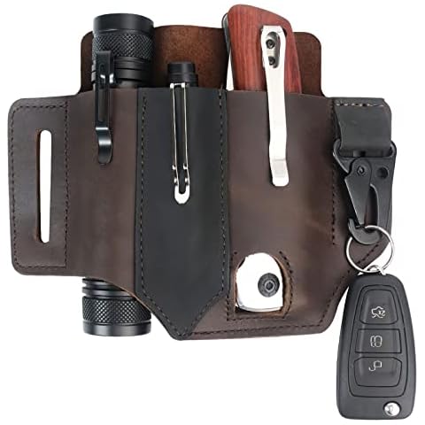 Piscorush Leather Multitool Sheath for Belt, EDC Pocket Organizer for Men, Belt Holder with Multitool Pouch Key Holder, Flashlight Holster, Pen Holder (Black&Brown) Cover