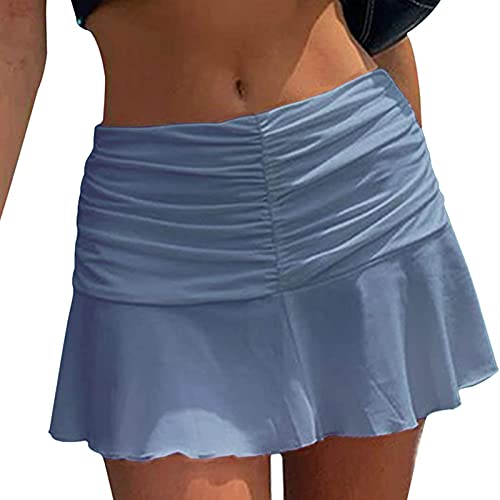 Women Sexy Ruched Ruffle Skirt Stretch Tennis Skater Short A-Line Skirt (Blue, S)