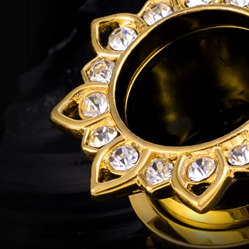 KUBOOZ Jewelry Gold Plated Flower Stainless Steel Crystal Gems Screw Back Ear Plugs Gauges Sold in Pairs4