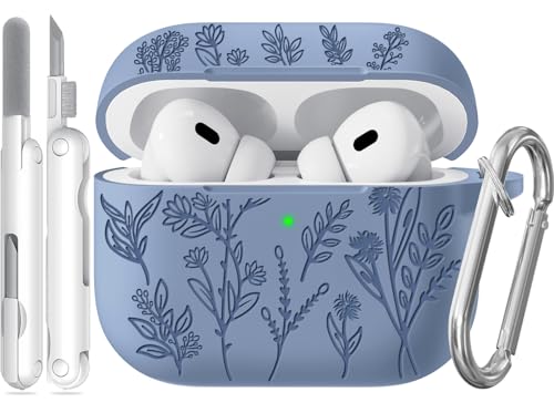 Image of for Apple AirPods Pro 2nd /1st Generation, Soft Silicone Flower Engraved AirPods Pro 2 Gen Protective Case Cover for Women Airpod Case with Clean Kit,Carabiner,Front LED Visible,Sand Powder