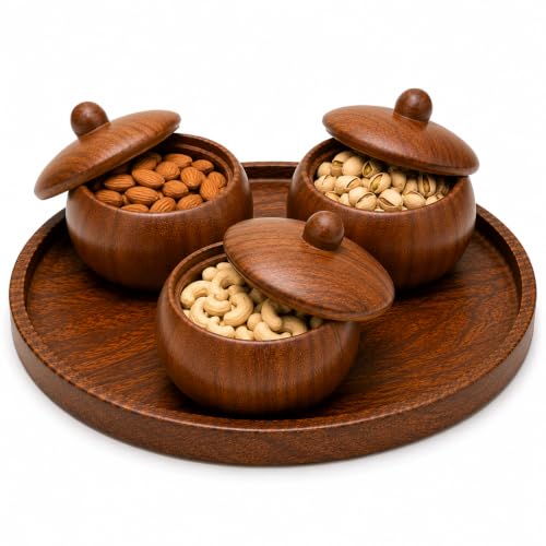 Image of Wooden Dry Fruit Serving Tray with 3 Lidded Bowls | Premium Sheesham Wood Snack Serving Set | Dry Fruit Container Set with Tray | Mukhwas Box | Chocolate & Candy Serving Tray | Handmade Gift