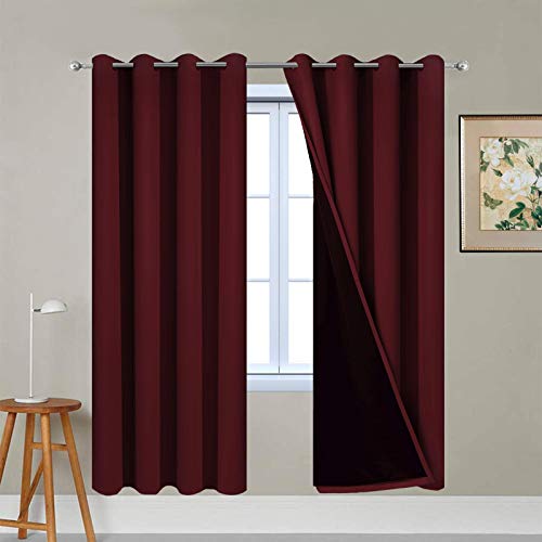 Image of Yakamok Burgundy Red Blackout Curtains 72 Inches Long for Bedroom 52 inch Wide | Blackout Curtain Panels for Bedroom, 2 Thick Layers Grommet Top Thermal Insulated Drapes with Black Liner for Living Room