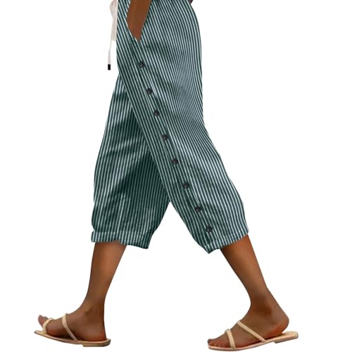 szvbofueck Pantalones de lino para mujer, 3/4, pantalones de verano de algodón y lino, pantalones de playa, pantalones de tela a rayas, pantalones de chándal ligeros, pantalones de chándal monocolor