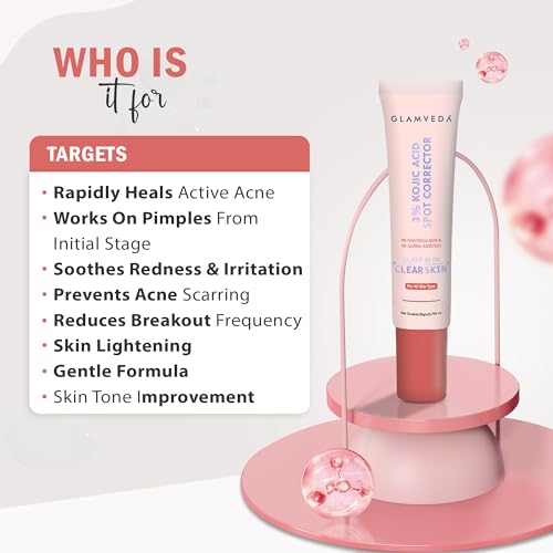 Image of Glamveda 3% Kojic Acid Acne Spot Corrector Gel For Reduce Acne Scars & Dark Spots | Day & Night Gel | Skin Brightening & Pigmentation Removal | With Alpha Arbutin & Niacinamide | 20g
