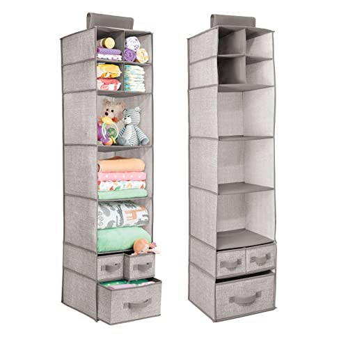 Image of mDesign Soft Fabric Over Closet Rod Hanging Storage Organizer with 7 Shelves and 3 Removable Drawers for Child/Kids Room or Nursery - Textured Print - 2 Pack - Linen/Tan