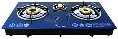 DIGISMART SURYA CRYSTAL 3 BURNER AUTO IGNITION TOP GLASS GAS STOVE (BLUE)