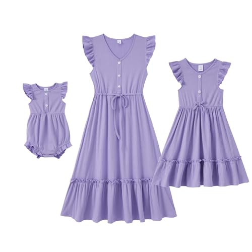 IFFEI Mommy and Me Dresses Outfits Family Matching Ruffle Sleeve Dress for Mother and Daughter Purple 3-6M
