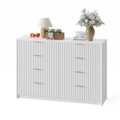 GAOMON Wooden 8 Drawer Dresser for Bedroom, Large Capacity & Anti-Tip, Fluted Dresser for Living Room, with Metal Handles, Modern Chest of Drawers, for Hallway Entryway White 55.1"D x 15.8"W