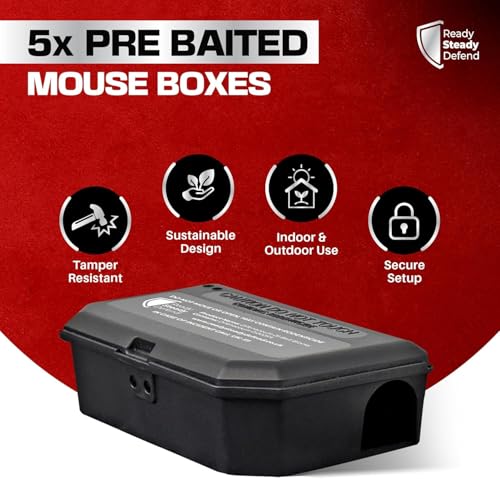 Pre-Baited Mouse Control Boxes (5 x 10g) - Reusable Rodenticide Kit, UK Made with Professional Grade Brodifacoum Poison Blocks for Effective Indoor Pest Management