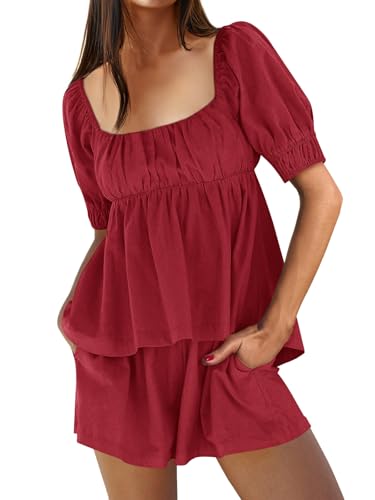 Image of Tankaneo Womens 2 Piece Outfits Summer Square Neck Short Puff Sleeve Babydoll Tops and Shorts Matching Set
