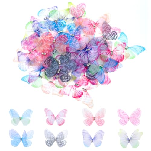 YUXIANLB 60 Stück Organza-Schmetterlinge zum Basteln 3D-Stoff-Schmetterlinge 2-lagig Mini-Schmetterlings-Applikationen Strass-Glitzer-Schmetterlingsverzierungen bunte Wanddekoration für Heimwerker