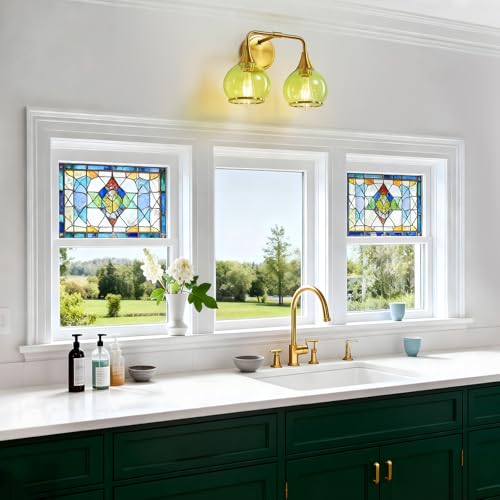 Image of Brushed Gold Bathroom Vanity Light 2-Lights Bathroom Light Fixtures Over Mirror with Green Clear Glass Shade 14 inch Wall Sconce Lighting Bath(Exclude E26 Bulb)
