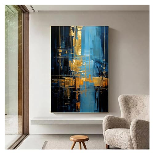 Toile abstraite bleu et or 85x120 cm pour habiller un grand mur