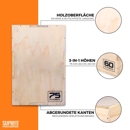 SUPRFIT Baltrun Plyo Box Holz – stabile Sprungbox für plyometrisches Training & Sprungkrafttraining - Jump Box mit 3 Sprunghöhen 50 x 60 x 75cm, vormontiert – (Braun)