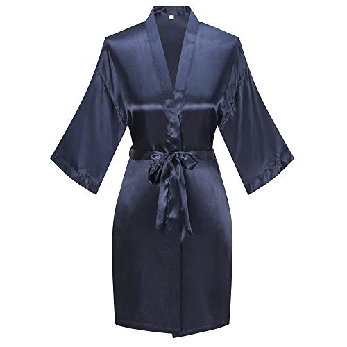 Old-to-new Womens Short Silk Kimono Robes Nightgown Satin Bathrobe Wedding Party Sleepwear Navy L