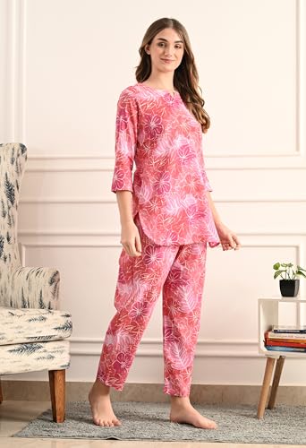 Image of Amazon Brand - Tavasya Women Cotton- Rayon Printed Kurti with Pant Co-Ord Set | Soft Comfortable Straight Fit Ethnic Kurta Set | 3 /4 Sleeves V-Neck Daily, Office & Casual Wear