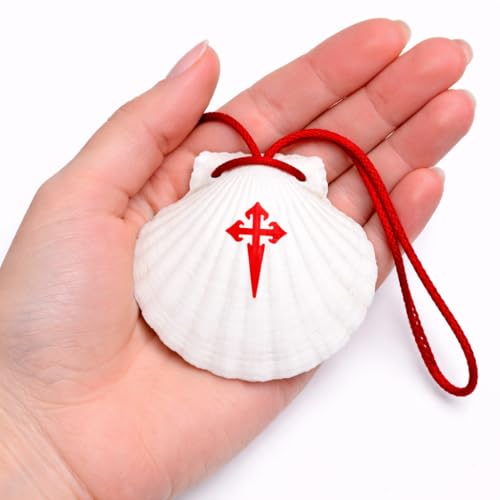 Pilgermuschel für den Jakobsweg – handgefertigt in Galizien, Spanien, echte Jakobsmuschel mit roter Kordel und rotem Kreuzaufdruck, ca. 10–11 cm, für Rucksack, Wanderstock oder als Pilgergeschenk