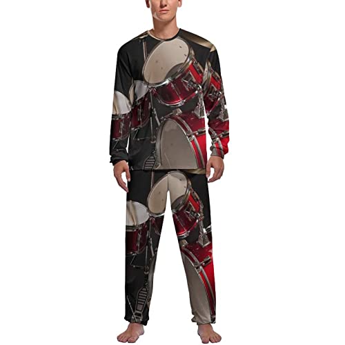 Junior Drum Kit Set in Dark Background Men's Pajama Set, Breathable Long Sleeve Loungewear PJ Set, Loose 2PCs Sleepwear Top & Bottom Lounge Long Pants Nightwear XL