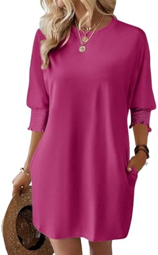 Dokotoo Womens Dresses 2025 Spring 3/4 Sleeve Fashion Dresses Crewneck Casual Mini Dress with Pockets S-XL