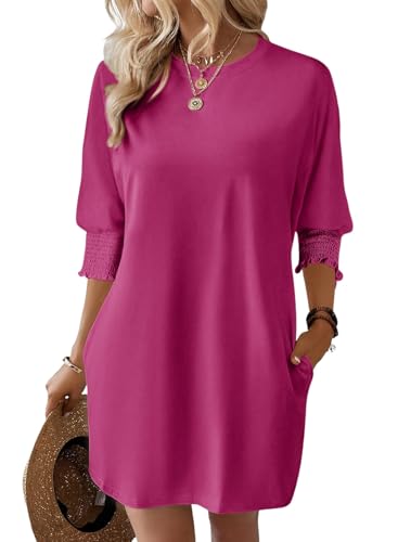 Image of Dokotoo Womens Dresses 2025 Spring 3 /4 Sleeve Fashion Dresses Crewneck Casual Mini Dress with Pockets S-XL