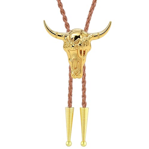 Image of Jeilwiy Bolo Tie for Men Western Cowboy Tie Necklace Gold Bolo Tie Leather Necktie Halloween Tie Accessories for Women