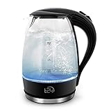 T24 LED Glas Wasserkocher 1,7 Liter mit LED-Beleuchtung, Trockenlaufschutz, BPA frei, 2200W | TÜV Rheinland GS Zertifiziert… (Schwarz)
