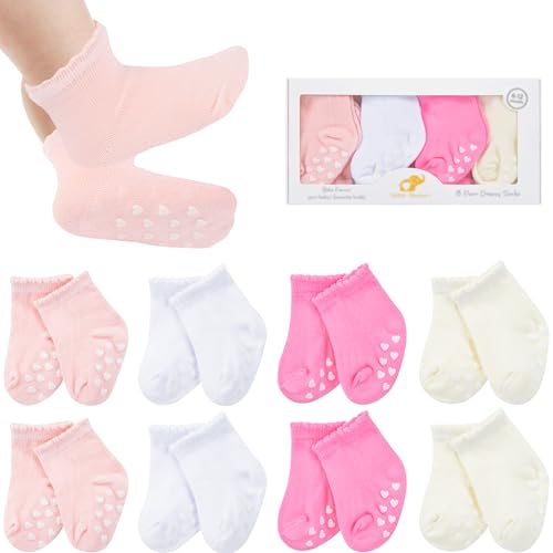 BEBE FAVOUR 8 Pairs Baby Socks with Grips Cotton Terry Non Slip Walking Socks Cute Gifts for Newborn Infant Girl Boy (US, Age, 6 Months, 12 Months, Pink)