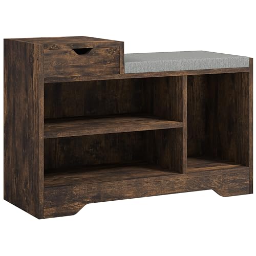 HOMCOM Shoe Storage Bench, Shoe Rack Bench with Seating Cushion, Drawer, 3 Open Compartments and Table Top for Entryway, Hallway, Rustic Brown