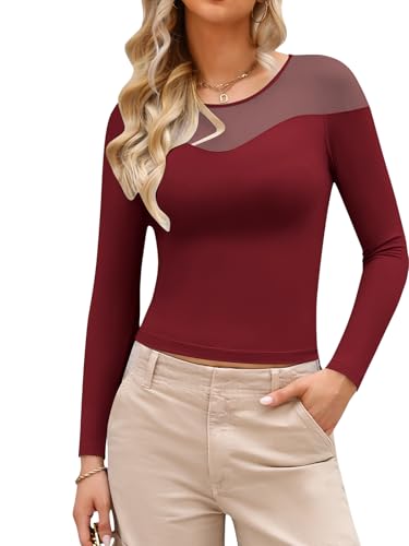 Sodtau Womens Summer Tops, Half Mesh Long Sleeve Shirts Basic Slim Fitted Top for Women，Fall Fashion Casual Top 2024 Burgundy