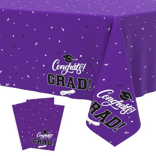 Tbsone Graduation Tablecloth 2026 3 Pack Disposable Plastic Table Covers 54 x 108 Congrats Grad Party Supplies for College & High School Graduation (Purple)