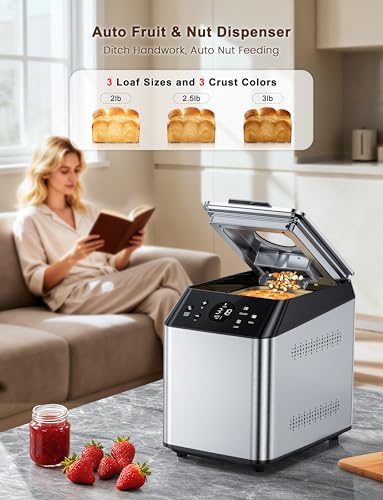 Image of KBS 750W Programmable Bread Maker, Dual Heaters Bread Machine with 3LB Ceramic Pan & Fruit Dispenser,20-in-1 Stainless Steel Automatic Bread Maker Machine with Quiet Brushless Motor,15H Timer,3 Colors