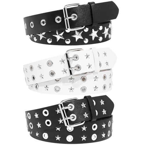 3 Pcs Black White Star Belt Punk Rock Belt with Grommet Threads Bright Metal Pyramid Gothic Belts for Women Men