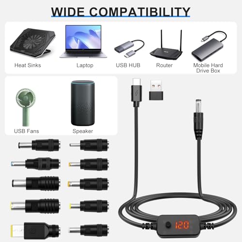 Hoembpn USB PD to DC Power Cable Charger Adapter 5V,9V,12V,15V,20V Adjustable Voltage Type C to DC 5.5 X 2.1mm Plug Universal Charging Power Supply Cord with 10 DC Conversion Heads(1.2m) - Image 5