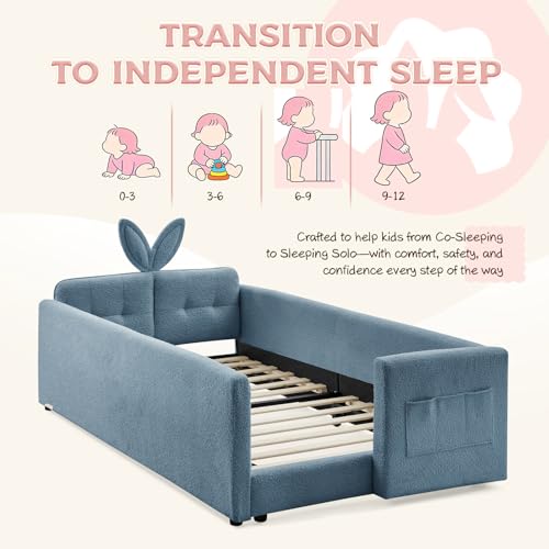 Image of Twin Size Bed Frame for Kids, Upholstered Daybed Frame Floor Bed with Safety Rails and Storage Pocket Cute Rabbit Ear Shaped Headboard for Kids Teens Boys Girls, Blue