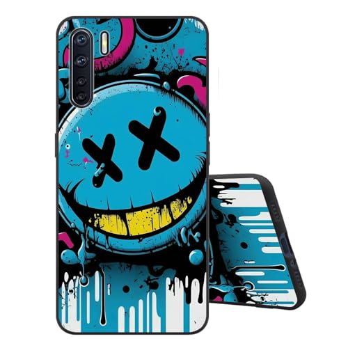 Sinyunron Funda Compatible con OPPO A91 Carcasa de Protección de Silicona,Delgado Suave Anti-Choques y Anti-arañazos TPU Protectora Caso con Moda Estética Patrón Dibujos-Emoji Azul